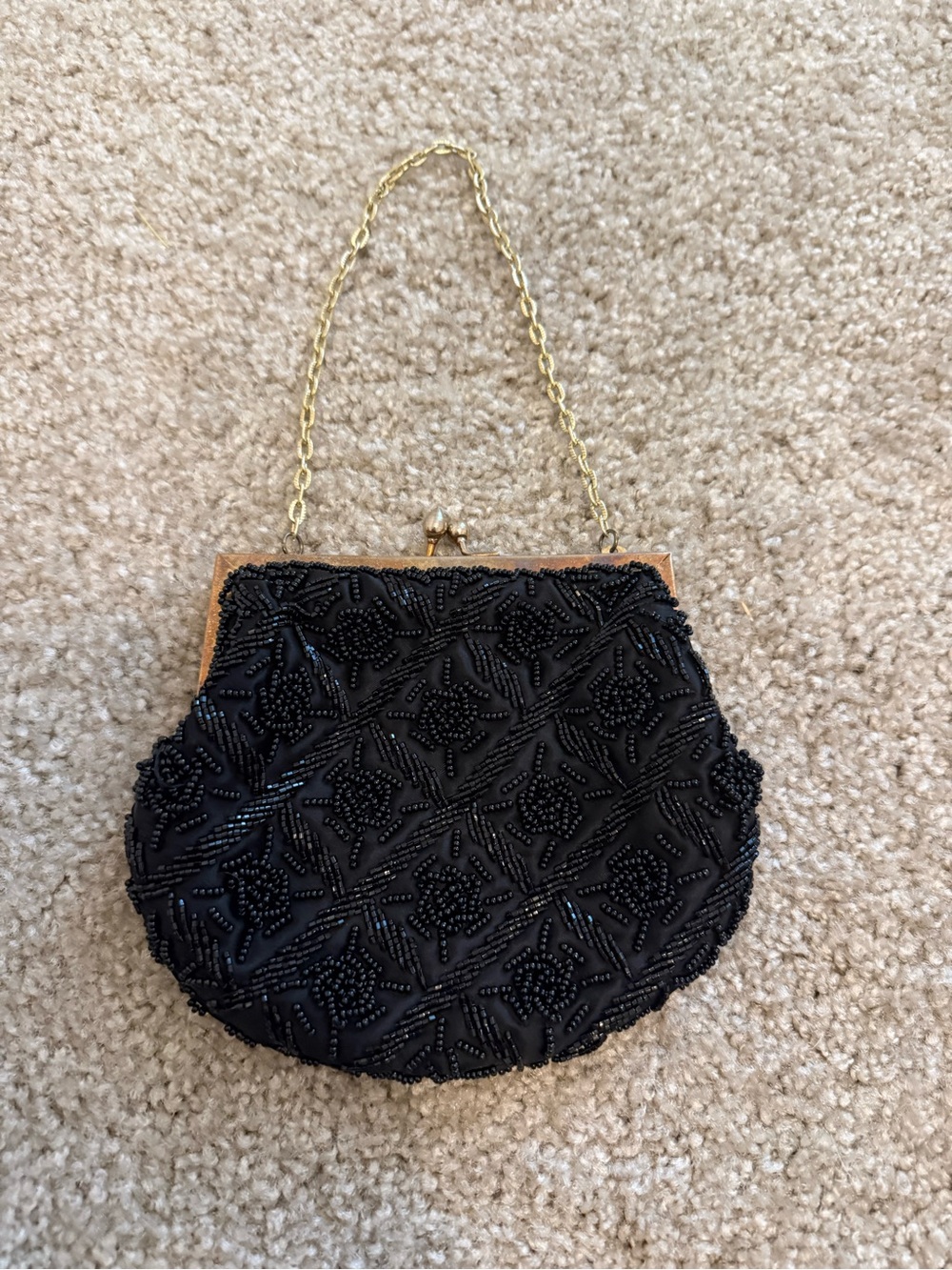 Vintage Black Beaded Evening Bag with Gold Chain